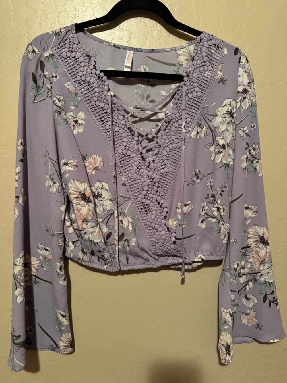 Xhilaration Lavender Floral Lace-Up V-Neck Crop Top